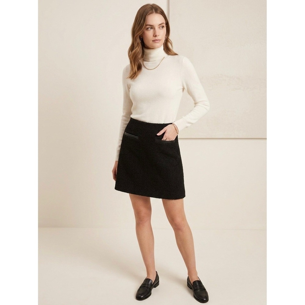 Theory Francia Double Boucle Wool Lambskin Leather Trim Mini Skirt Black 6